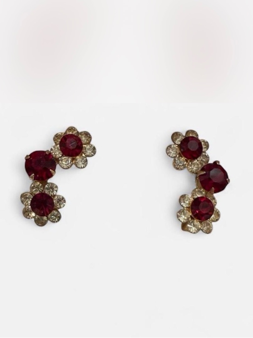 Vintage Ruby and Gold Flower Clip Earrings